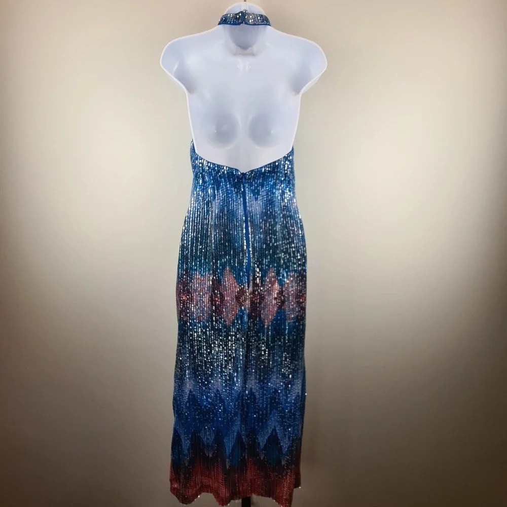 Ramy Brook Blue Multicolor Sequin Halter Midi Dress Size 6 Geometric Glam Slit - Picture 8 of 13